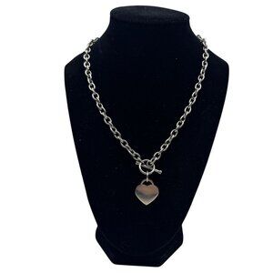 Silver Tone Chunky Chain Necklace Heart Charm Toggle Closure Classic Design